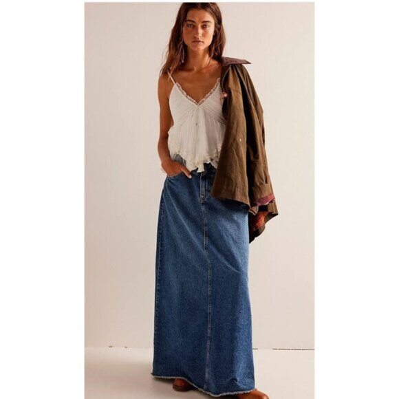 Free People We The Free Come As You Are Dark Indigo Blue Denim Maxi Skirt Size 4 - Picture 1 of 5